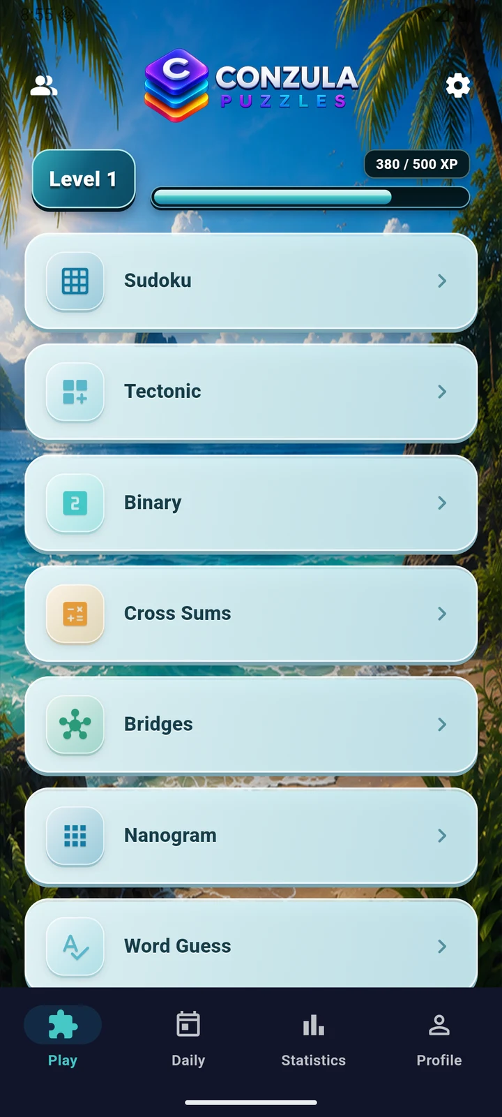 Actual Conzula Puzzles home screen in the Ocean theme, showing Level 1, 380 of 500 XP, all seven puzzle games and the bottom navigation.
