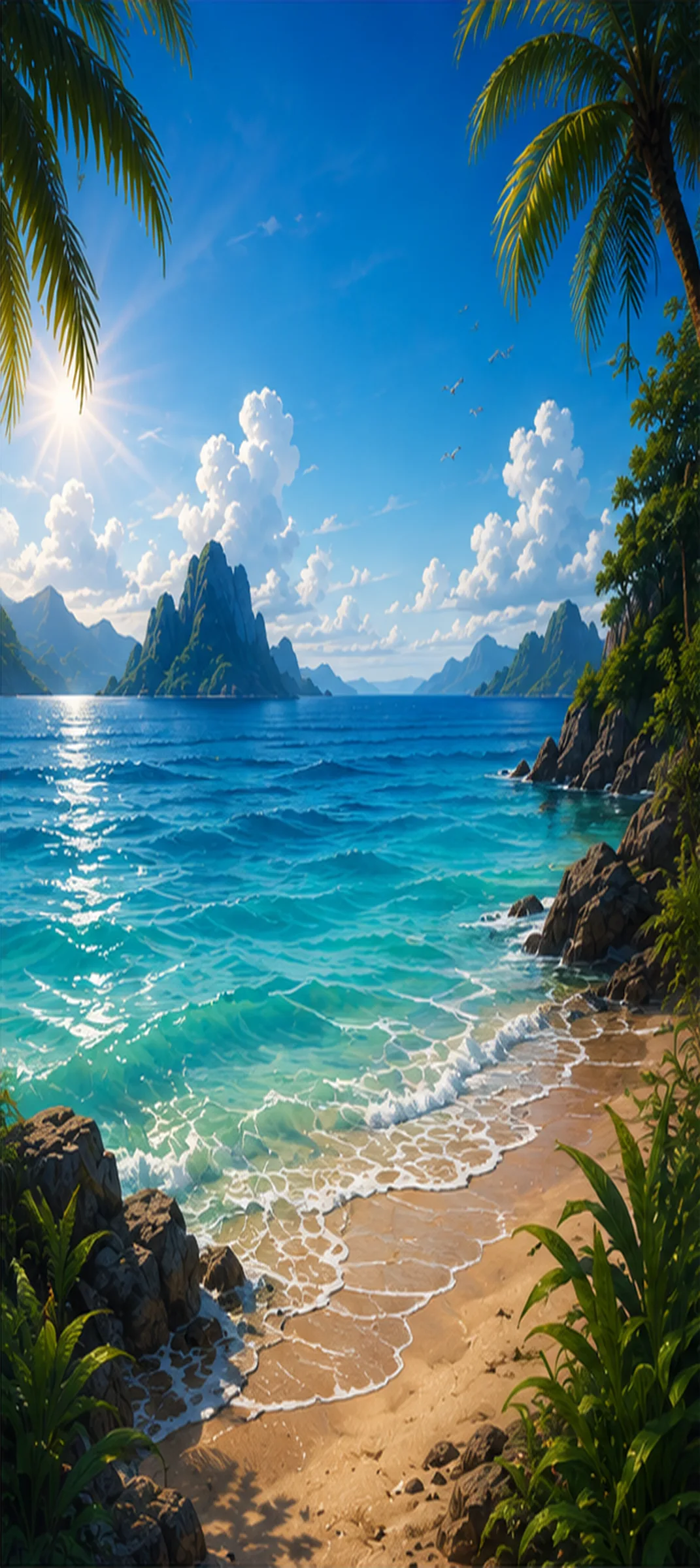 Sunlit turquoise water and a tropical shoreline